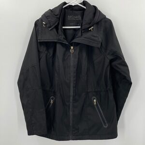 MICHAEL KORS Womens Black Hooded Anorak Rain Jacket Size L Utility *Flaws*READ*